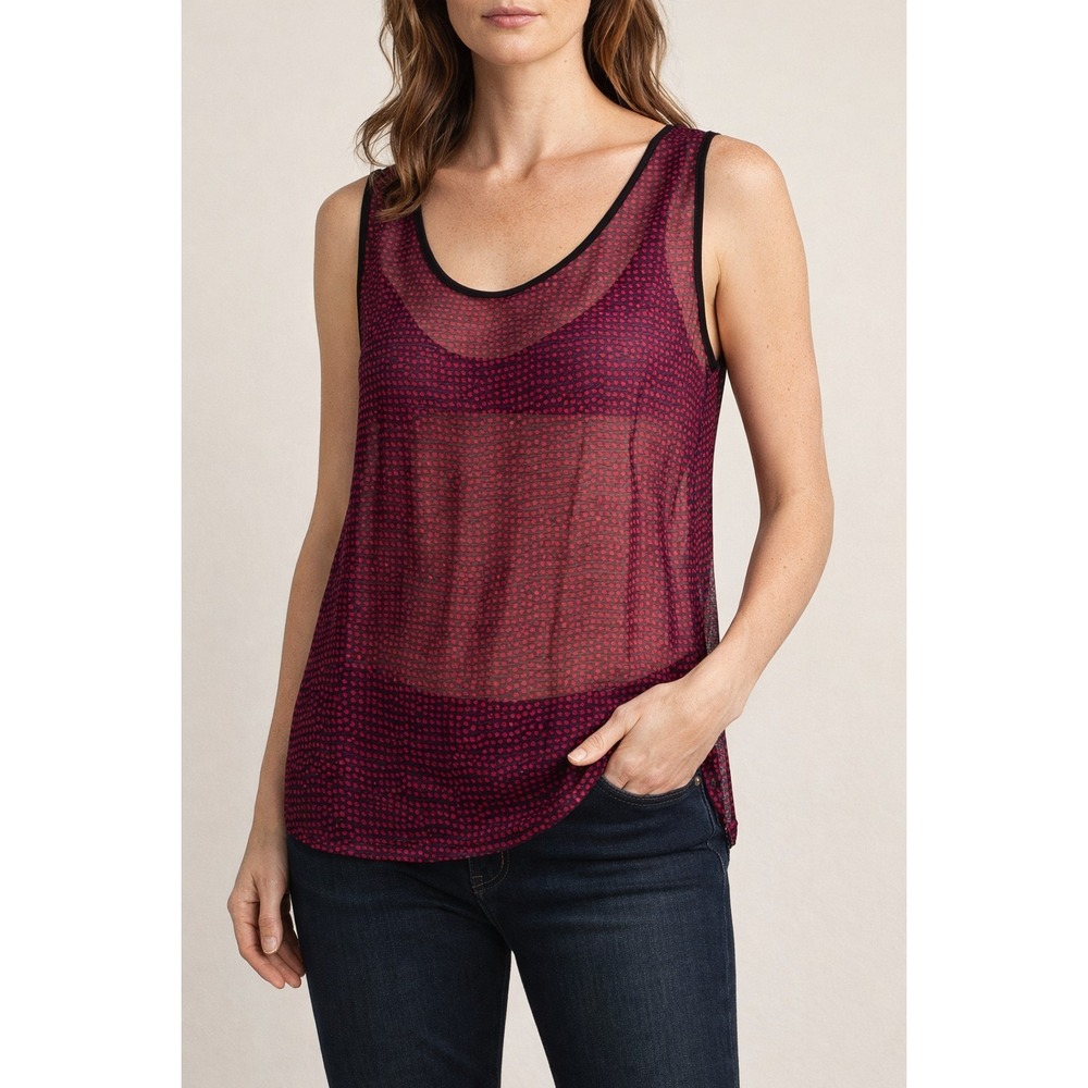 Sheer Mesh Tank Top Womens Red Black Geometric Dot Sleeveless Y2K Sheer L14